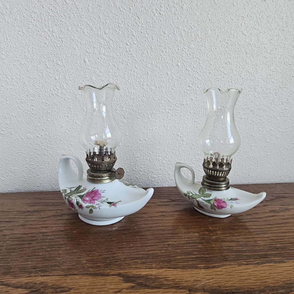Vintage Miniature Aladdin Style Oil Lamps With Pink Roses